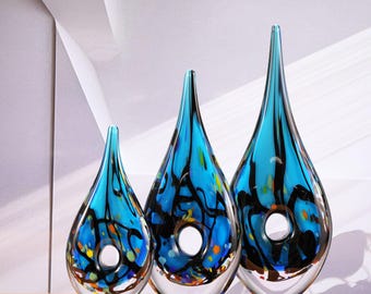 Hand Blown Abstract Hollow Blue Tear Drop Sommerso Art Glass Sculpture 8.5-14 inch tall