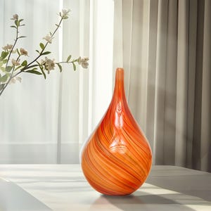 Hand Blown Red Orange Abstract Art Glass Cane Sculpture 10 inch tall