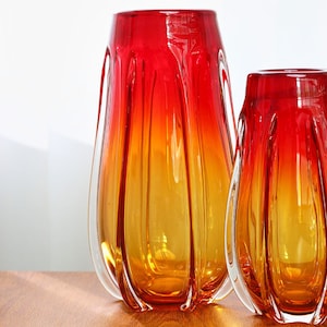 Hand Blown Sommerso Art Glass Vase Red Yellow Ombre 10-12.5 inch tall