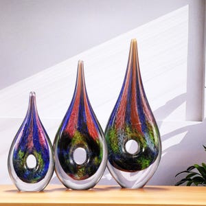 Hand Blown Abstract Hollow Tear Drop Sommerso Art Glass Sculpture 8.5-14 inch tall