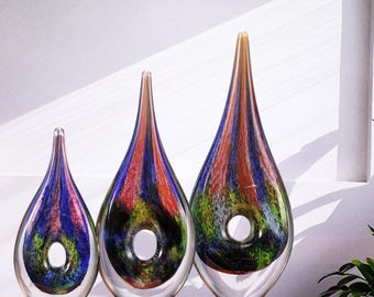 Hand Blown Abstract Hollow Tear Drop Sommerso Art Glass Sculpture 8.5-14 inch tall