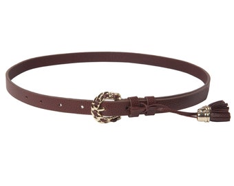 Women Skinny Brown Leather Chainlink Buckle Belt with Tassel