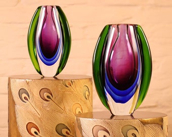 Hand Blown Sommerso Oval Art Glass Vase Purple 8.5-10 inch tall