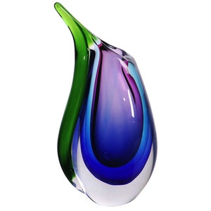 Hand Blown Multicolor Sommerso Teardrop Art Glass Vase with Angled Lip 9.5 inch tall