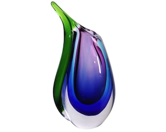 Hand Blown Multicolor Sommerso Teardrop Art Glass Vase with Angled Lip 9.5 inch tall