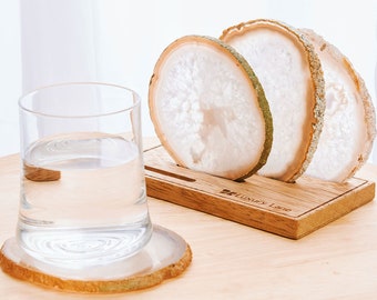 Set of 4 Large Natural Brazilian Agate Slice Geode Rock Stone Drink Coasters with Wood Holder 4.3-4.7 inch Diameter