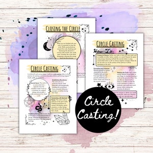 May include: A printable guide to circle casting with illustrations and instructions on how to connect with sacred forces, establish boundaries, and close the circle. The guide features a watercolor background with a pink, purple, and blue color scheme.