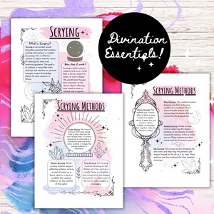 May include: A printable guide to scrying, a divination practice that involves seeking information or insights by gazing into a reflective surface or object with the intent of receiving guidance. The guide includes information on the history of scrying, how it works, and different methods of scrying, including crystal scrying, mirror scrying, water scrying, fire scrying, smoke scrying, and ink scrying.