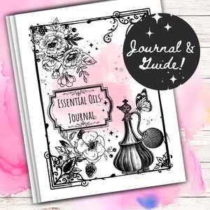 Puede incluir: Ilustración en blanco y negro de una portada de diario con el texto "Essential Oils Journal" y diseños florales. La portada también presenta una botella decorativa con una mariposa.