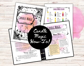 May include: A black and white illustrated guide to candle magic with a pink watercolour background. The guide includes instructions on how to cleanse and charge candles, as well as a chart of candle magic colours and their associated meanings.