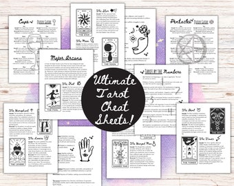 May include: A set of black and white tarot cheat sheets with illustrations of each card. The cheat sheets include the major arcana, cups, pentacles, and tarot by the numbers. The title "Ultimate Tarot Cheat Sheets!" is written in a large, bold font.