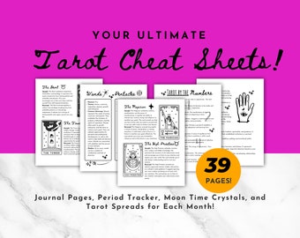 May include: A set of black and white printable tarot cheat sheets with 39 pages. The cheat sheets include journal pages, a period tracker, moon time crystals, and tarot spreads for each month.