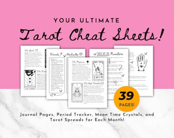 May include: A set of printable tarot cheat sheets with 39 pages. The sheets include tarot card meanings, spreads, and journal pages. The text includes the words "Tarot by the Numbers", "The Devil", "The Tower", "Wands", "Pentacles", "The Magician", "The High Priestess", and "39 Pages!"