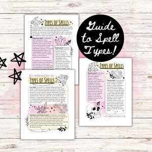 May include: A guide to different types of spells, with illustrations of crystals and a skull. The text includes "Guide to Spell Types!" and "Types of Spells".