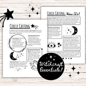 May include: Black and white illustration of a circle casting guide with instructions on how to create a sacred space for rituals and spells. The text includes "Circle Casting: How-To!" and "Witchcraft Essentials!"