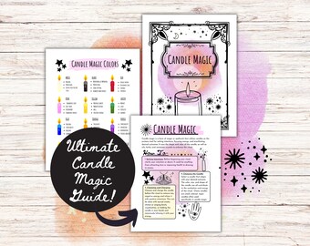 May include: A printable guide to candle magic with a black and white illustration of a candle and stars on a pink and orange watercolour background. The guide includes a chart of candle colours and their meanings, as well as instructions on how to use candles for magic.