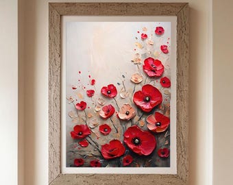 Textured Poppy Artwork Poster, Vibrant Red Flowers, neutral warm background, Wall Art Decor, Home Office Decoration, Floral Print,