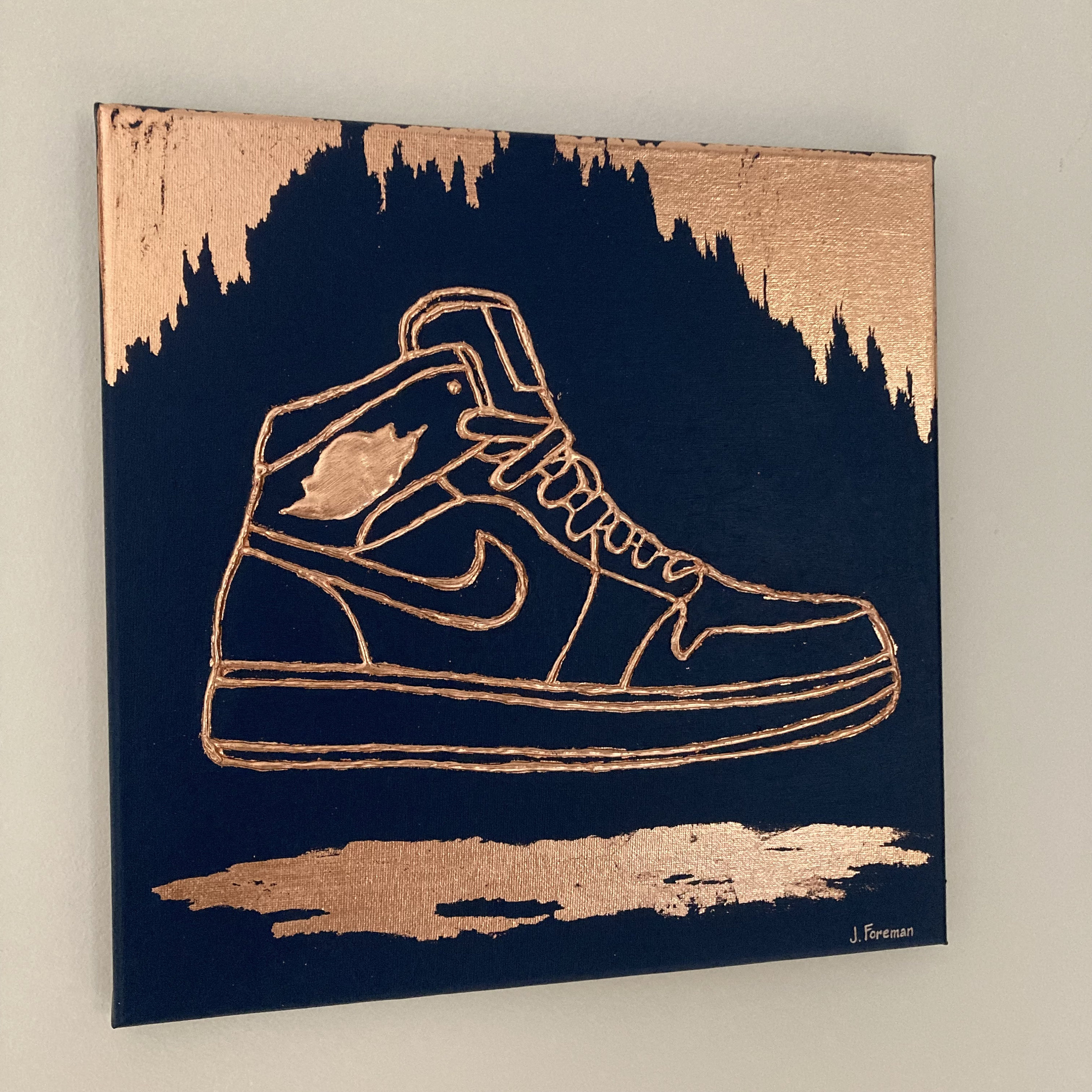 Navy and Copper Gilded 3D Air Jordan Sneaker Embossed Canvas Wall Art 12 X 12"
