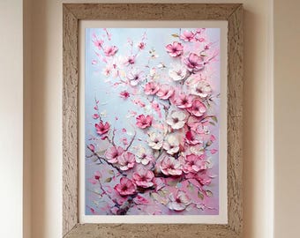 Cherry Blossom Painting Poster, Pink White Floral Art Print, Home Decor Wall Hanging, Indoor Outdoor Wall Art
