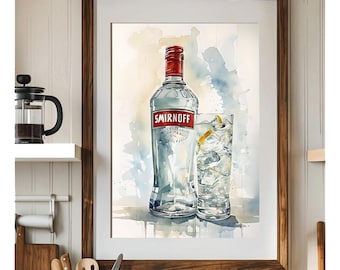 Smirnoff Vodka Bottle and High Tumbler Glass Cocktail with Ice Watercolour Poster, Indoor and Outdoor Wall Art, Bar Decor,