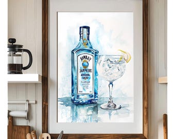 Watercolour Gin Poster | Bombay Sapphire Bottle & Gin Glass Print | Lemon Slice | Digital Download | Bar Cart Art | Cocktail Wall Art
