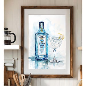 Bombay Sapphire Gin aquarel schilderij poster print, gin-tonic cocktail kunst, woondecoratie, kunst aan de muur, bar decor, cadeau voor gin