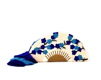 Dance Floor Fan Half Moon Clutch with Tassel and PomPom - Cobalt Blossom