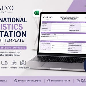 May include: A laptop displays an international logistics quotation request template. The screen shows a form with fields for company information, service details, and quote information. The template is labeled "Professional, Complete, Easy to Use."