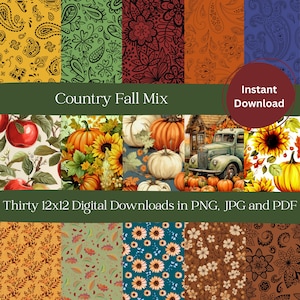 Country Fall Digital Paper | 30 Printable Designs | 12in x 12in | Scrapbook | Background | Autumn Collage | Junk Journal | Instant Download