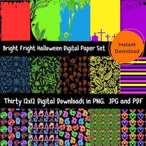 Bright Fright Digital Paper | 30 Printable Designs | 12in x 12in | Scrapbook |  Halloween Collage | Junk Journal | Instant Autumn Download
