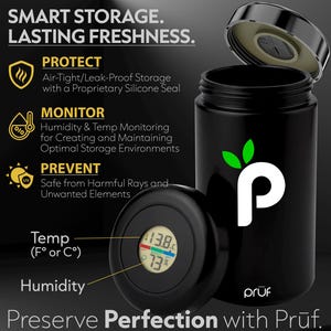 May include: A black storage container with a white "P" logo and green leaves. The container has a removable lid and a separate temperature and humidity monitor. Text on the image reads "Smart Storage. Lasting Freshness."