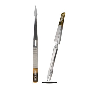 May include: Two silver tweezers with gold accents. The tweezers on the left have a pointed tip and the text "TERP 2ULZ" printed on the handle. The tweezers on the right have a curved tip and the text "TERP 2ULZ" printed on the handle.