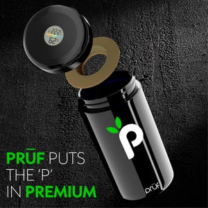 May include: Black container with a digital display on the lid, showing temperature and humidity readings. The container has a white "P" logo with green leaves and the text "PRUF PUTS THE 'P' IN PREMIUM" in white and green.