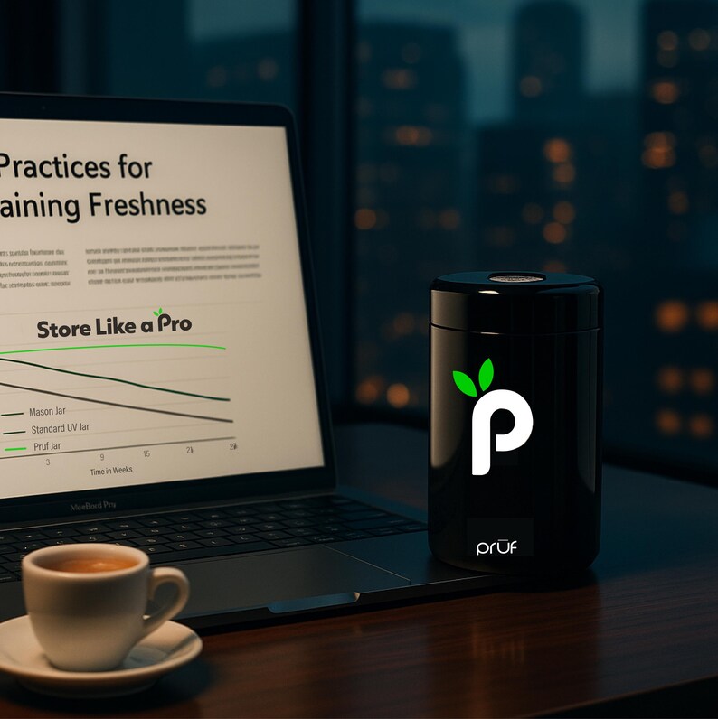 May include: A black cylindrical container with a white "p" logo and green leaf design, labeled "pruf." A laptop displays a graph with the text "Store Like a Pro." A cup of coffee sits on a saucer in the foreground. The background is blurred.