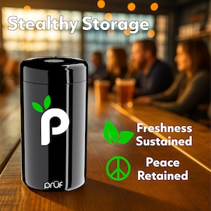 May include: A black cylindrical container with the text "Stealthy Storage". The container has a white "p" logo with green leaves and the word "prūf" below. The text "Freshness Sustained" and "Peace Retained" are also visible.