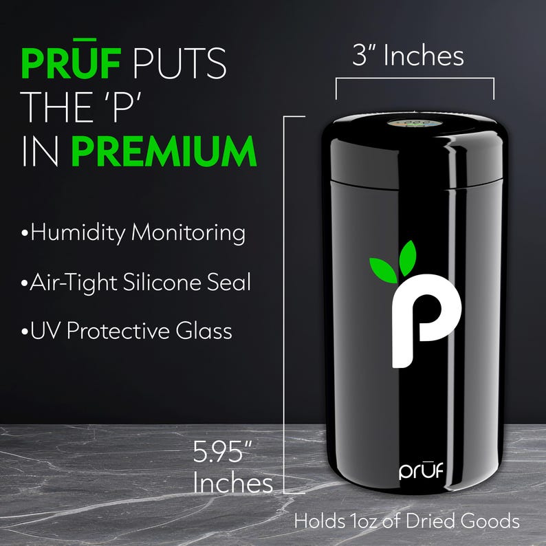 May include: A black cylindrical container with a white "P" logo and green leaves. The container is 3 inches in diameter and 5.95 inches tall. Text on the container reads "PRUF PUTS THE 'P' IN PREMIUM" and lists features like humidity monitoring and an air-tight seal.