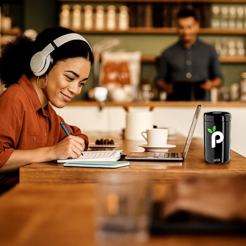 May include: A black cylindrical container with a white "P" logo and green leaf design, sitting on a wooden table. A person wearing headphones is writing in a notebook, with a laptop and coffee cup nearby. The word "pr&uuml;r" is printed at the bottom of the container.