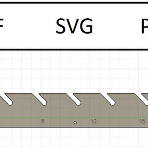 May include: A gray metal design with a series of cutouts along the top edge. The design is 20 inches long and has a grid pattern in the background.
