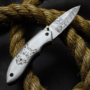 Pocket Knife Folding Knife Handmade Damascus Damascus, Perfect Gift, With Leather Sheath, Hunting, Camping, Kitchen Knife, #2280
