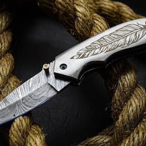 Pocket Knife Folding Knife Handmade Damascus Damascus, Perfect Gift, With Leather Sheath, Hunting, Camping, Kitchen Knife, #2274