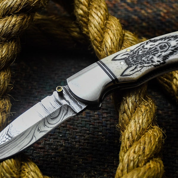 Pocket Knife Folding Knife Handmade Damascus Damascus, Perfect Gift, With Leather Sheath, Hunting, Camping, Viking Knife, #2029
