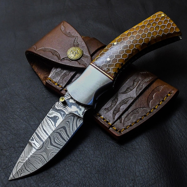 Pocket Knife Folding Knife Handmade Damascus Damascus, Perfect Gift, With Leather Sheath, Hunting, Camping, Kitchen Knife, #2100