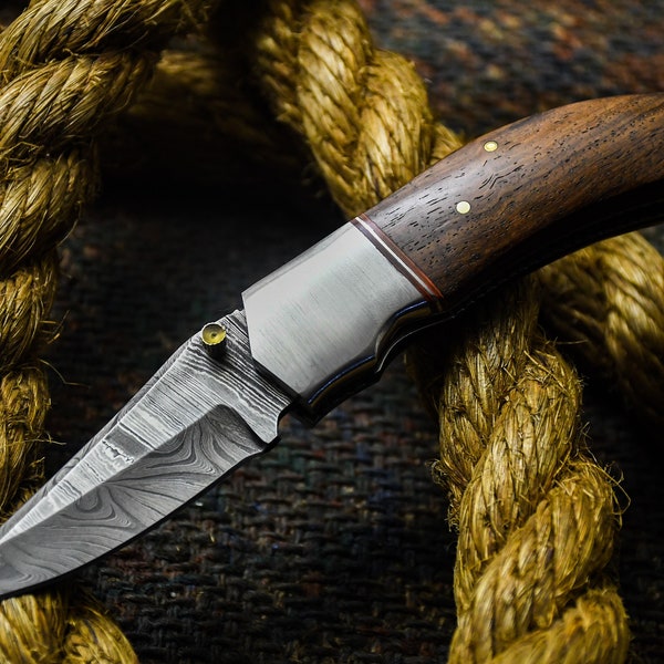 Pocket Knife Folding Knife Handmade Damascus Damascus, Perfect Gift, With Leather Sheath, Hunting, Camping, Kitchen Knife, #2022