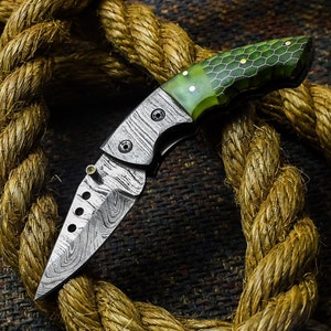 Pocket Knife Folding Knife Handmade Damascus Damascus, Perfect Gift, With Leather Sheath, Hunting, Camping, Kitchen Knife, #2057