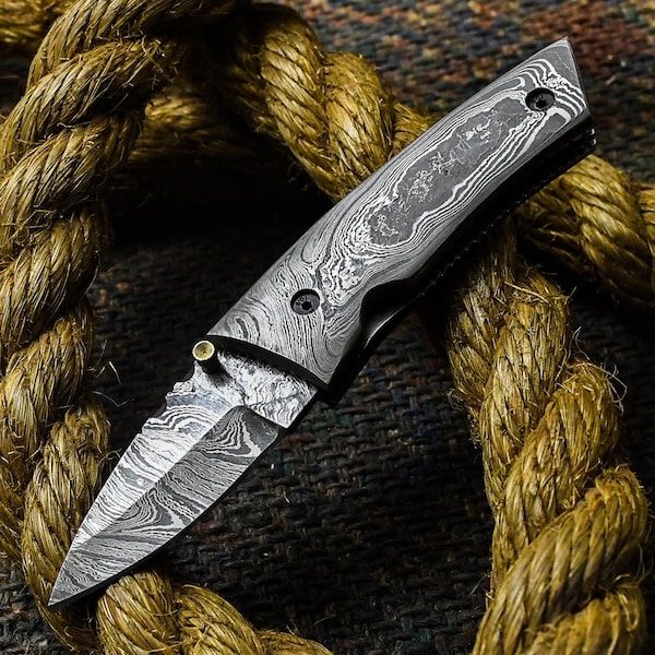 Pocket Knife Folding Knife Handmade Damascus Damascus, Perfect Gift, With Leather Sheath, Hunting, Camping, Kitchen Knife, #2014