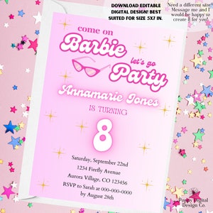 Sparkle Pink Doll Party Invite, Kid&#39;s Birthday Invitation, Let&#39;s Go Party, 5 x 7 in, Instant Download, Editable