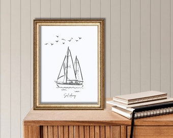 Sailboat Sail Away Wall Decor, Instant Digital Download, Vintage Sailboat Sketch Print