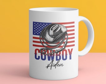 Custom Cowboy Mug Personalized Name American Flag Coffee Cup Ceramic Western Wild West Gift Patriotic 4th of July Birthday Present Dad