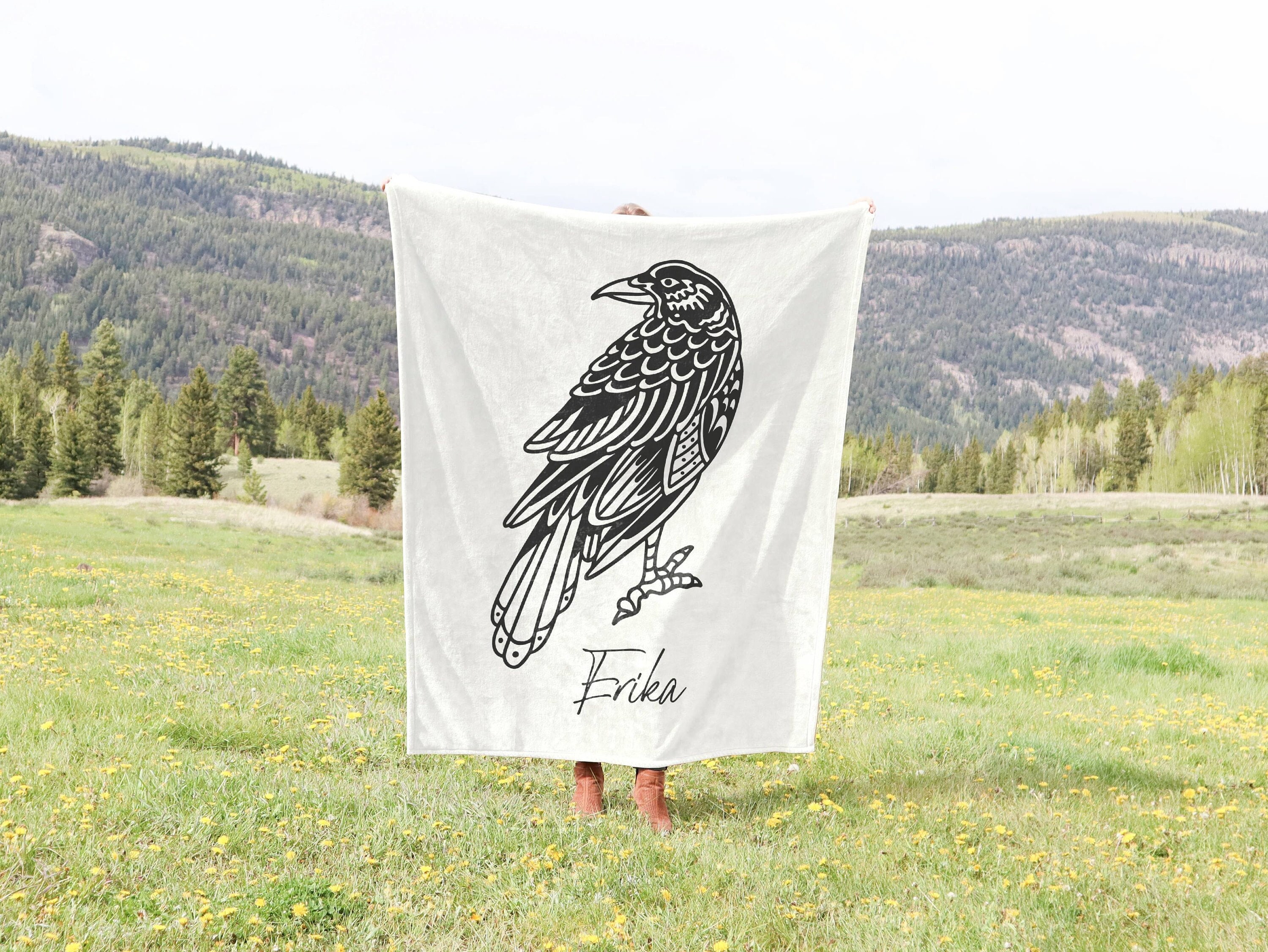 Personalized crow blanket raven gift birdwatch blanket raven gift custom black crow blanket bird watcher gift bird lover blanket bird owner