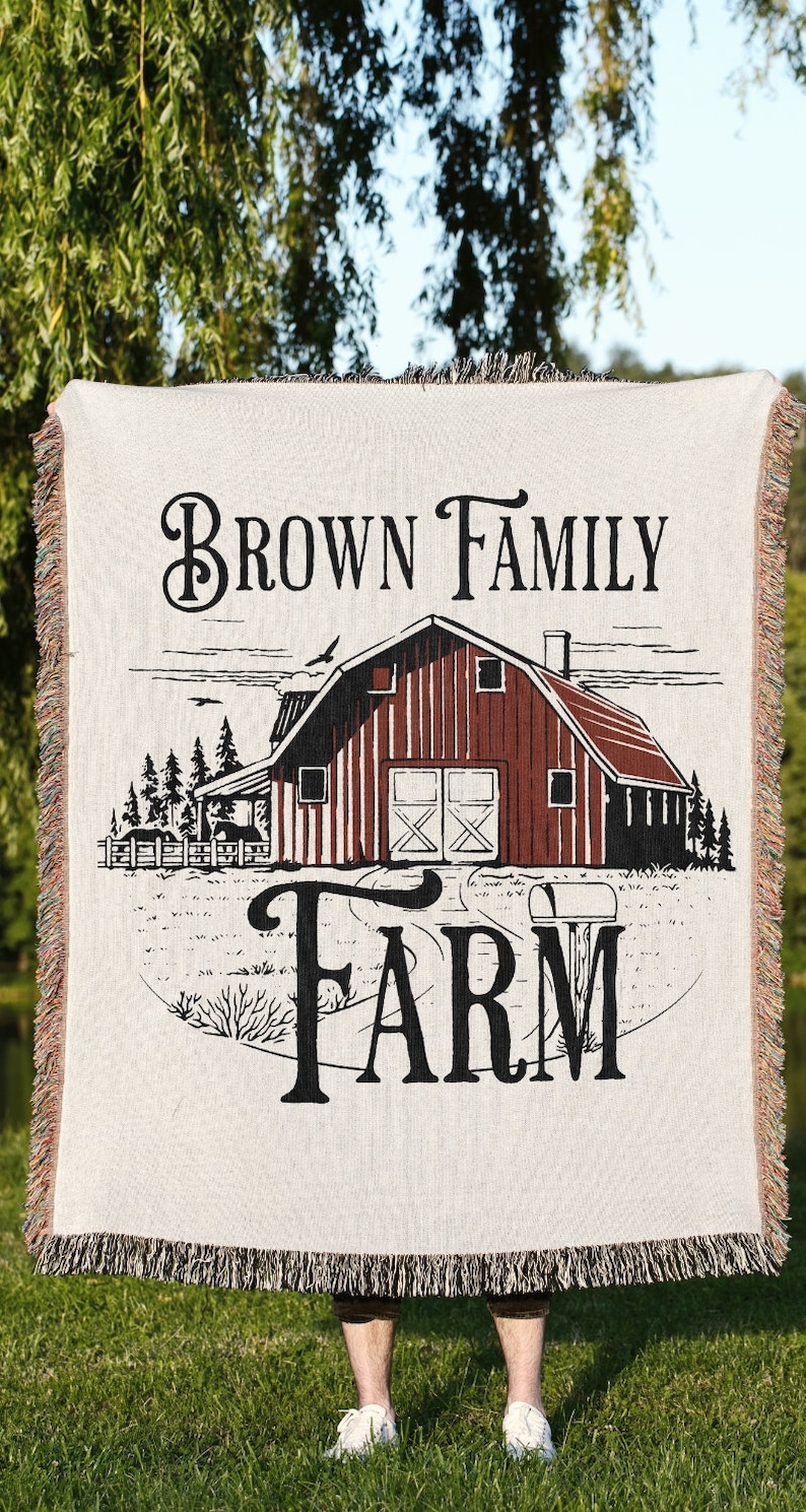 Custom Red Barn Woven Blanket Farm Throw Barn Cotton Blanket Family ...